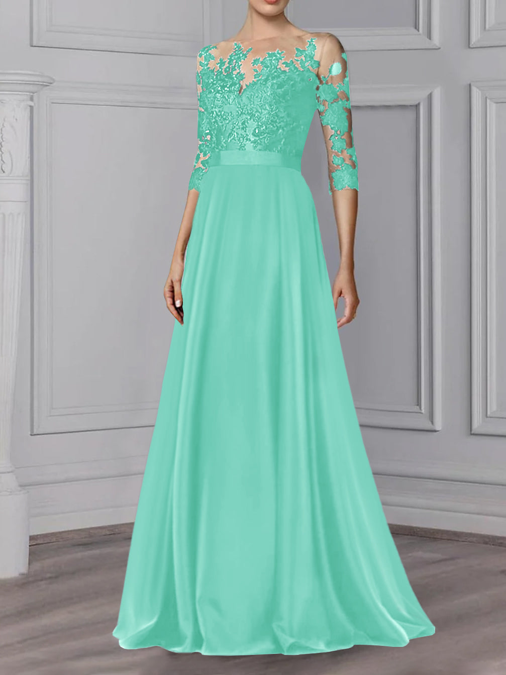 Robe de Mère de la Mariée Coupe A-Line/Princess, Col Bijou, Manches 3/4, Longueur Au Sol