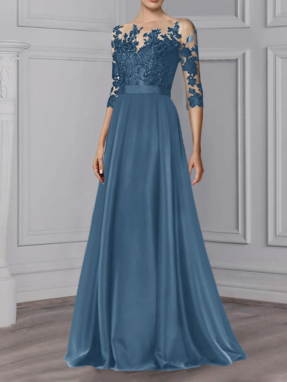 Robe de Mère de la Mariée Coupe A-Line/Princess, Col Bijou, Manches 3/4, Longueur Au Sol