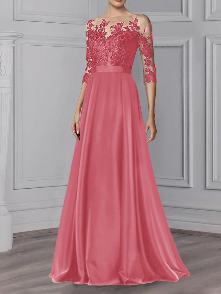 Robe de Mère de la Mariée Coupe A-Line/Princess, Col Bijou, Manches 3/4, Longueur Au Sol
