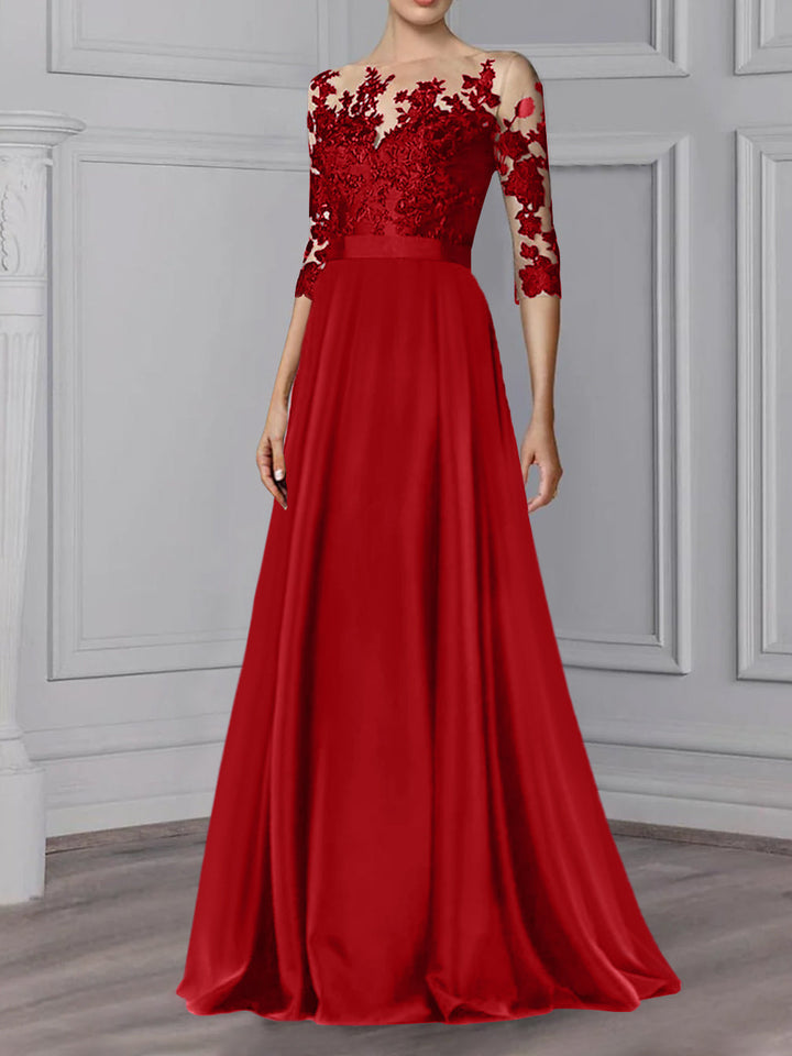 Robe de Mère de la Mariée Coupe A-Line/Princess, Col Bijou, Manches 3/4, Longueur Au Sol