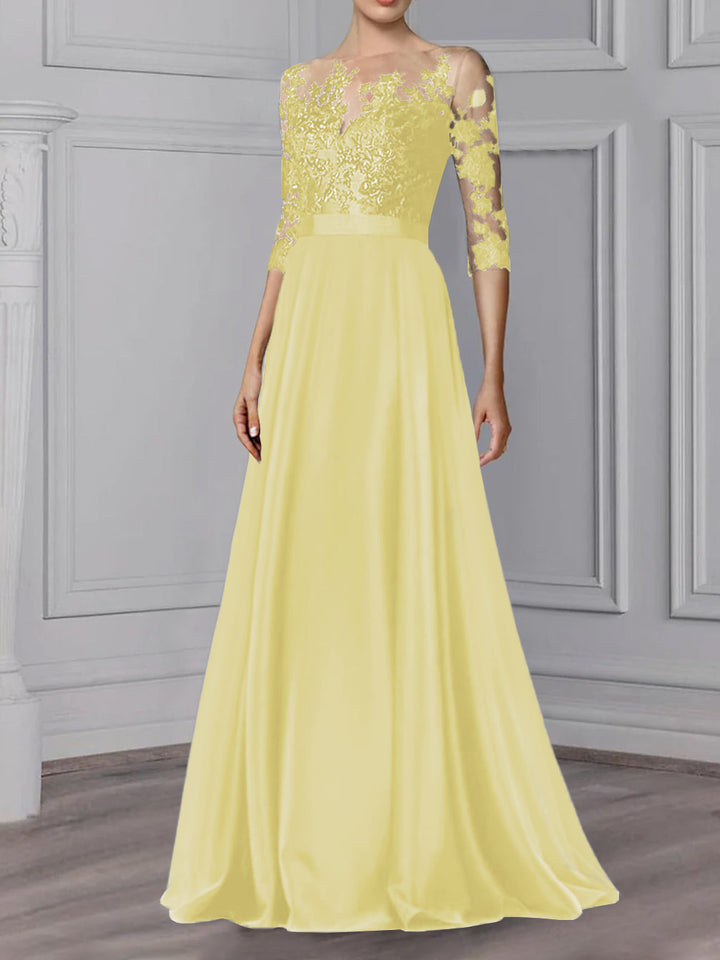 Robe de Mère de la Mariée Coupe A-Line/Princess, Col Bijou, Manches 3/4, Longueur Au Sol