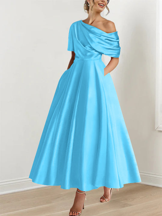 Robe de Mère de la Mariée A-Line/Princess à Une Épaule, Demi-Manches, Longueur Cheville, avec Volants