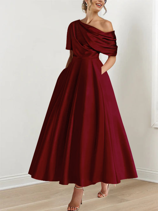 Robe de Mère de la Mariée A-Line/Princess à Une Épaule, Demi-Manches, Longueur Cheville, avec Volants
