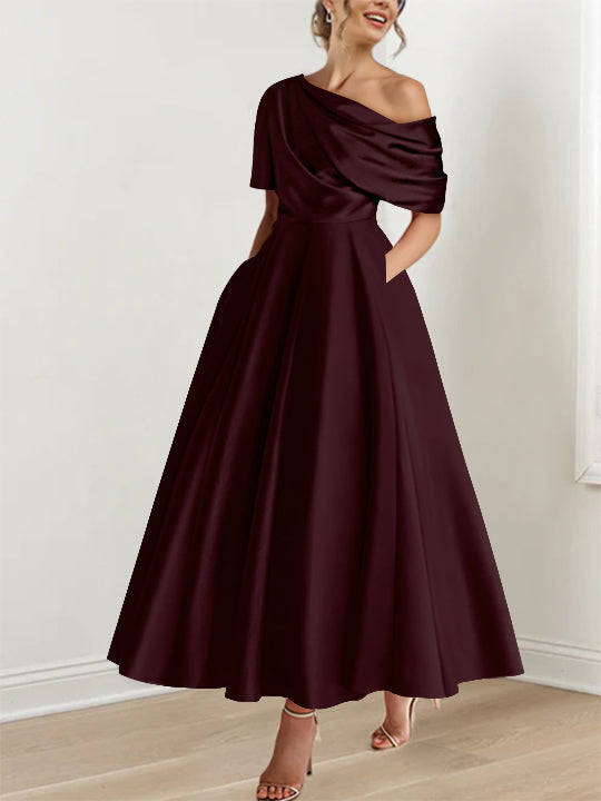Robe de Mère de la Mariée A-Line/Princess à Une Épaule, Demi-Manches, Longueur Cheville, avec Volants