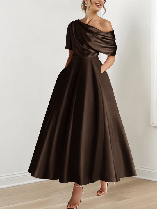 Robe de Mère de la Mariée A-Line/Princess à Une Épaule, Demi-Manches, Longueur Cheville, avec Volants