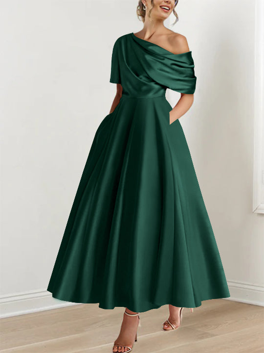 Robe de Mère de la Mariée A-Line/Princess à Une Épaule, Demi-Manches, Longueur Cheville, avec Volants