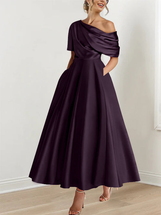 Robe de Mère de la Mariée A-Line/Princess à Une Épaule, Demi-Manches, Longueur Cheville, avec Volants