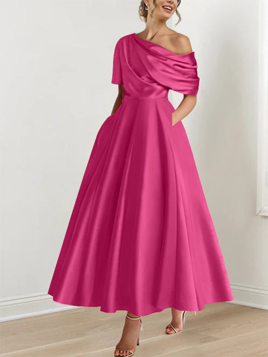 Robe de Mère de la Mariée A-Line/Princess à Une Épaule, Demi-Manches, Longueur Cheville, avec Volants