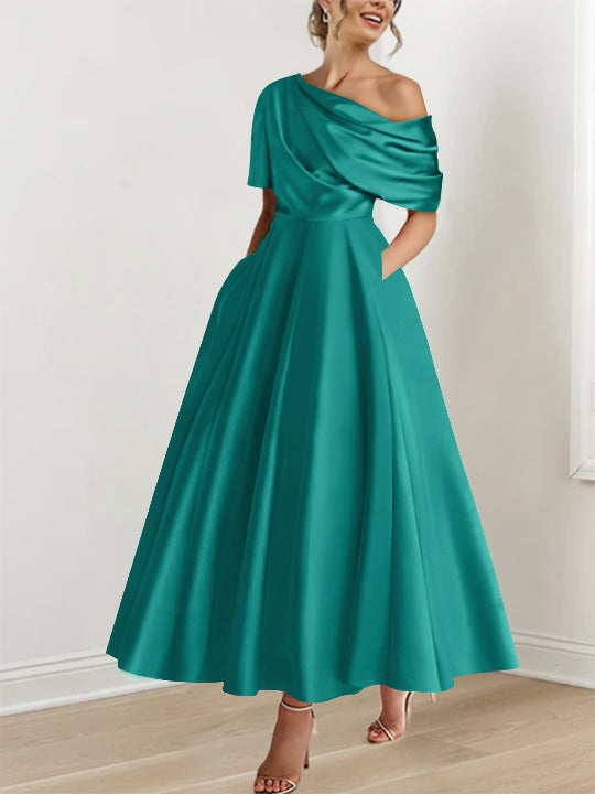Robe de Mère de la Mariée A-Line/Princess à Une Épaule, Demi-Manches, Longueur Cheville, avec Volants