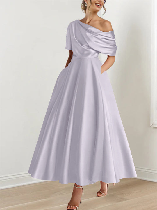 Robe de Mère de la Mariée A-Line/Princess à Une Épaule, Demi-Manches, Longueur Cheville, avec Volants