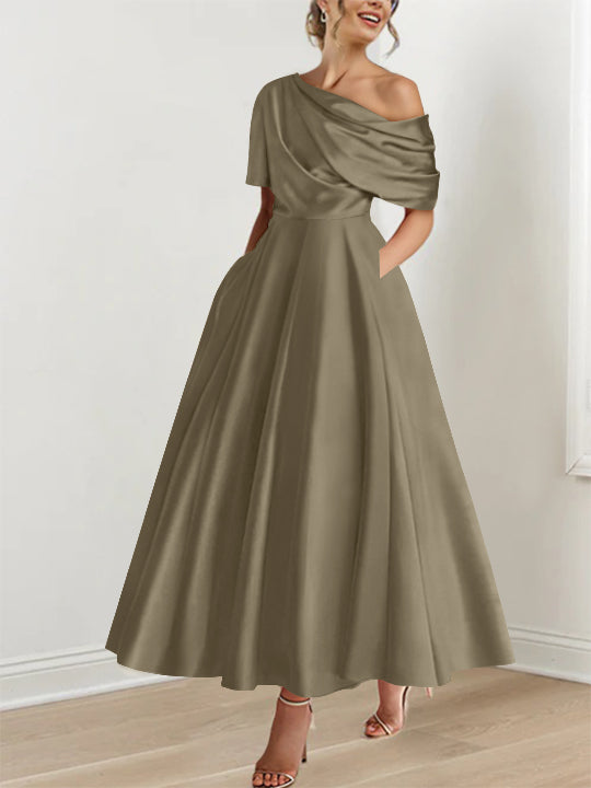 Robe de Mère de la Mariée A-Line/Princess à Une Épaule, Demi-Manches, Longueur Cheville, avec Volants