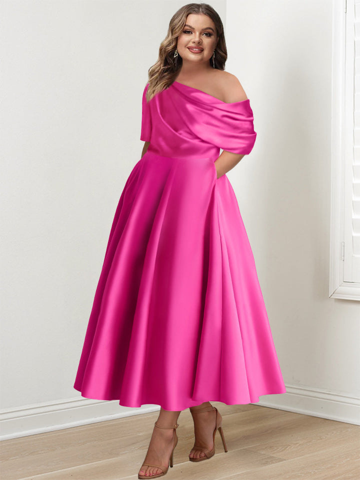 Robe de Mère de la Mariée Grande Taille, Coupe A-Line/Princess, Asymétrique, Manches Mi-Longues, Longueur Cheville, avec Volants