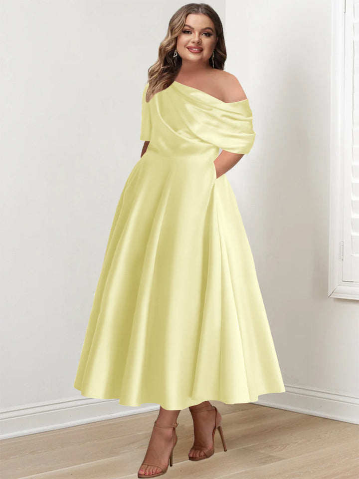 Robe de Mère de la Mariée Grande Taille, Coupe A-Line/Princess, Asymétrique, Manches Mi-Longues, Longueur Cheville, avec Volants