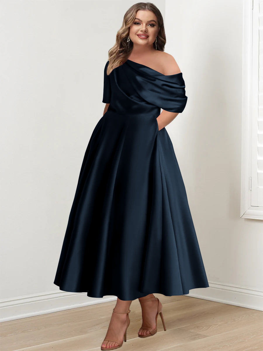 Robe de Mère de la Mariée Grande Taille, Coupe A-Line/Princess, Asymétrique, Manches Mi-Longues, Longueur Cheville, avec Volants