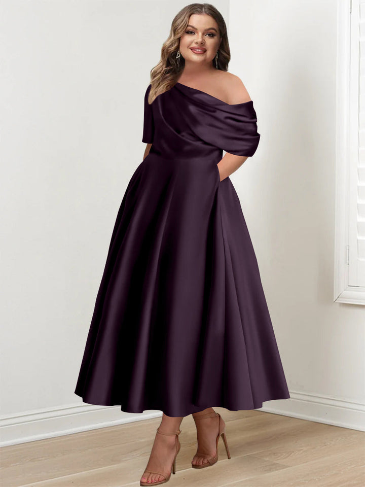 Robe de Mère de la Mariée Grande Taille, Coupe A-Line/Princess, Asymétrique, Manches Mi-Longues, Longueur Cheville, avec Volants