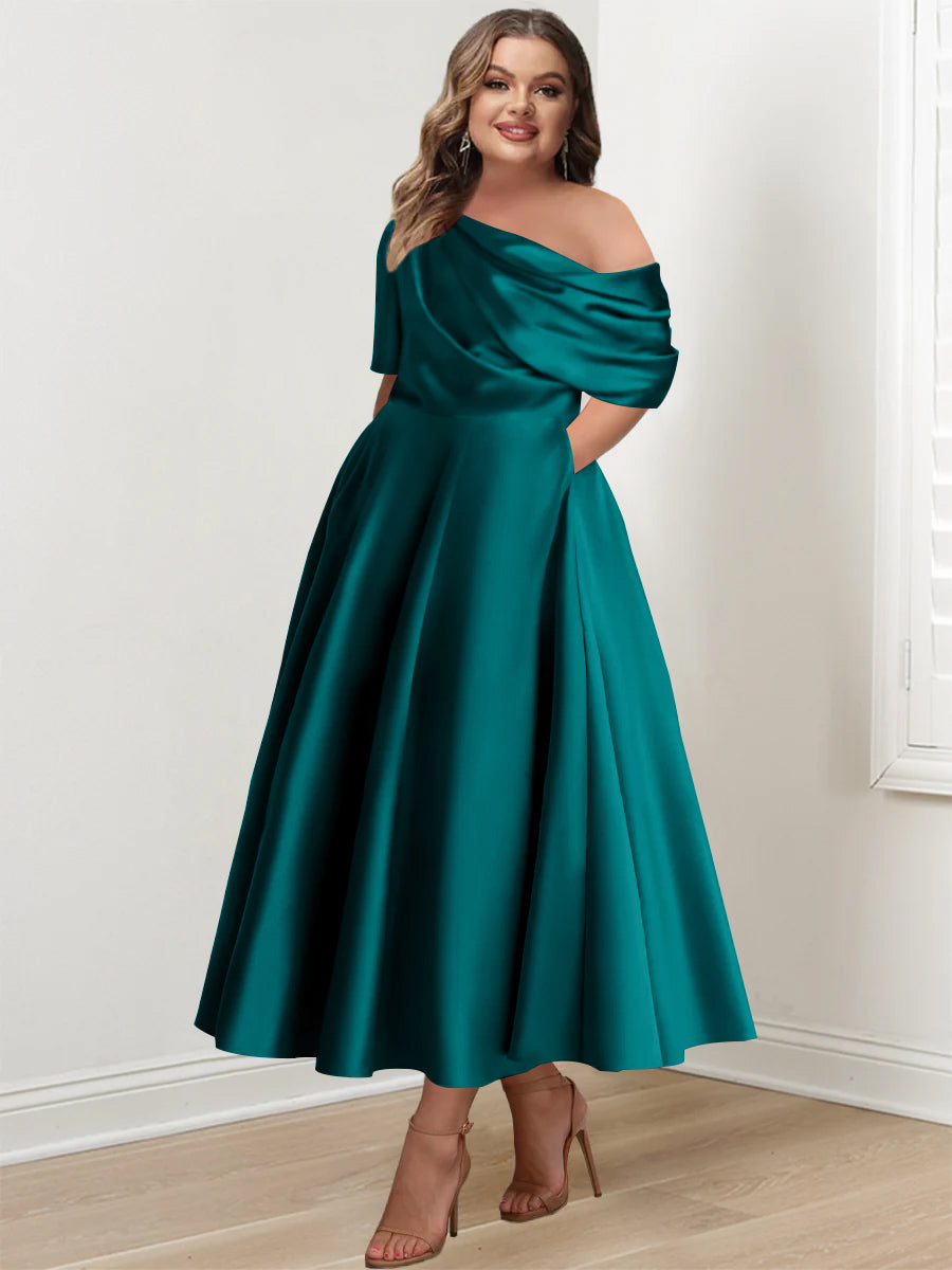 Robe de Mère de la Mariée Grande Taille, Coupe A-Line/Princess, Asymétrique, Manches Mi-Longues, Longueur Cheville, avec Volants