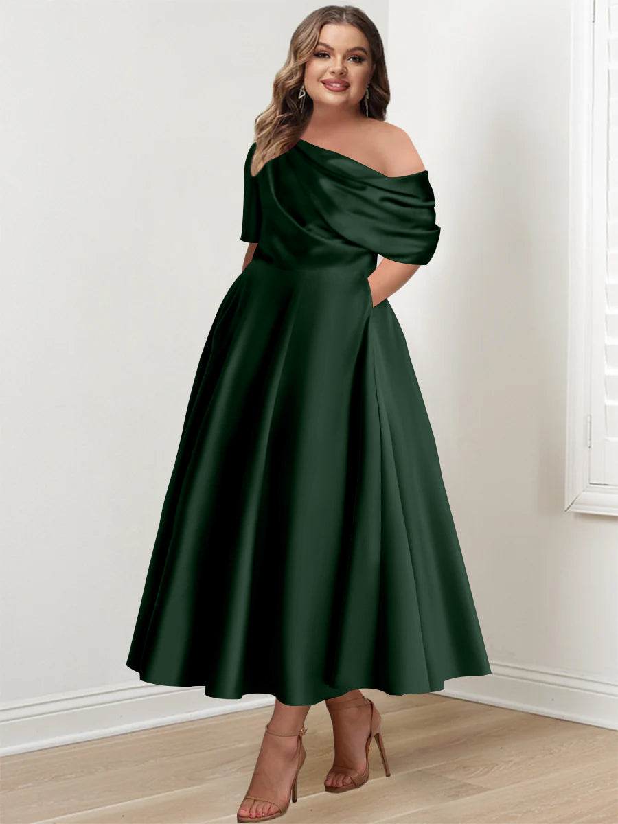 Robe de Mère de la Mariée Grande Taille, Coupe A-Line/Princess, Asymétrique, Manches Mi-Longues, Longueur Cheville, avec Volants