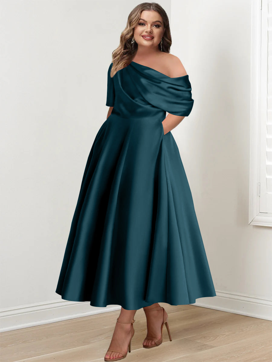 Robe de Mère de la Mariée Grande Taille, Coupe A-Line/Princess, Asymétrique, Manches Mi-Longues, Longueur Cheville, avec Volants