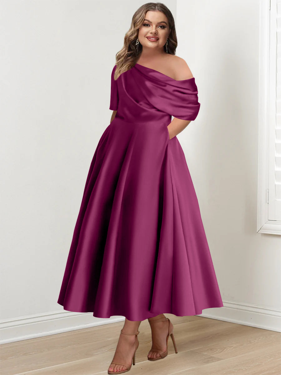 Robe de Mère de la Mariée Grande Taille, Coupe A-Line/Princess, Asymétrique, Manches Mi-Longues, Longueur Cheville, avec Volants