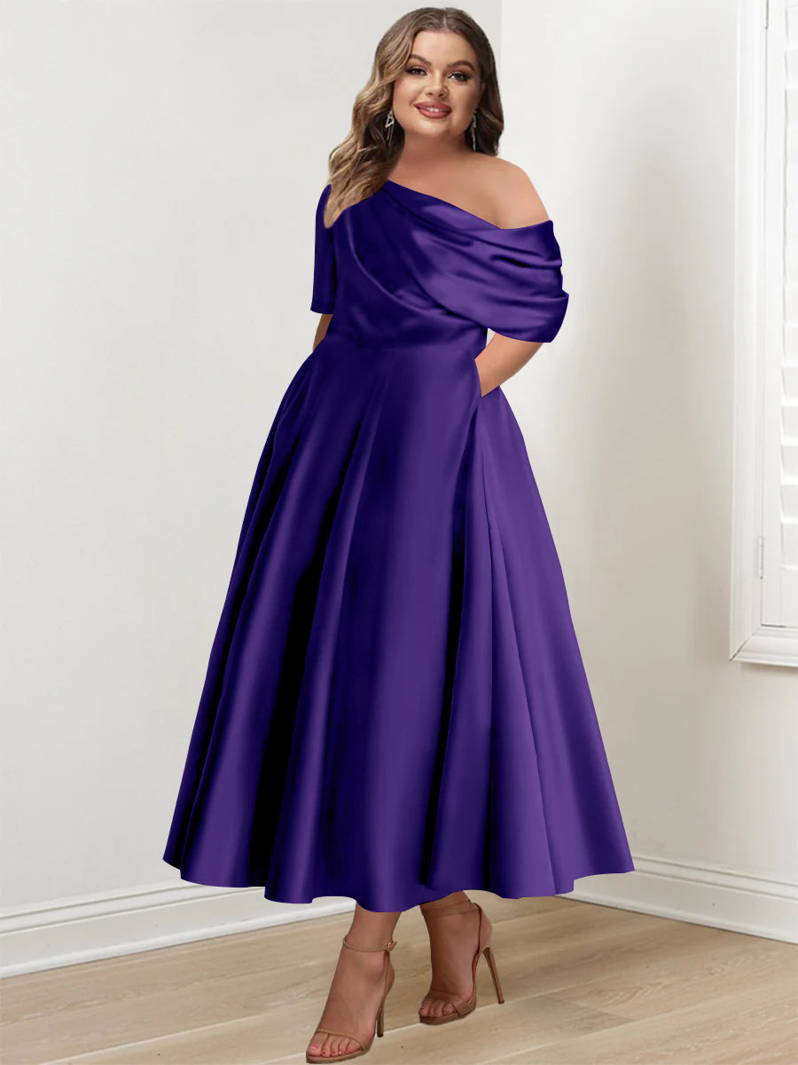 Robe de Mère de la Mariée Grande Taille, Coupe A-Line/Princess, Asymétrique, Manches Mi-Longues, Longueur Cheville, avec Volants