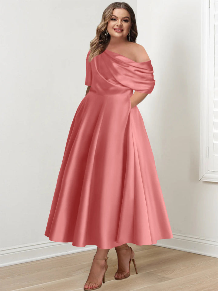Robe de Mère de la Mariée Grande Taille, Coupe A-Line/Princess, Asymétrique, Manches Mi-Longues, Longueur Cheville, avec Volants