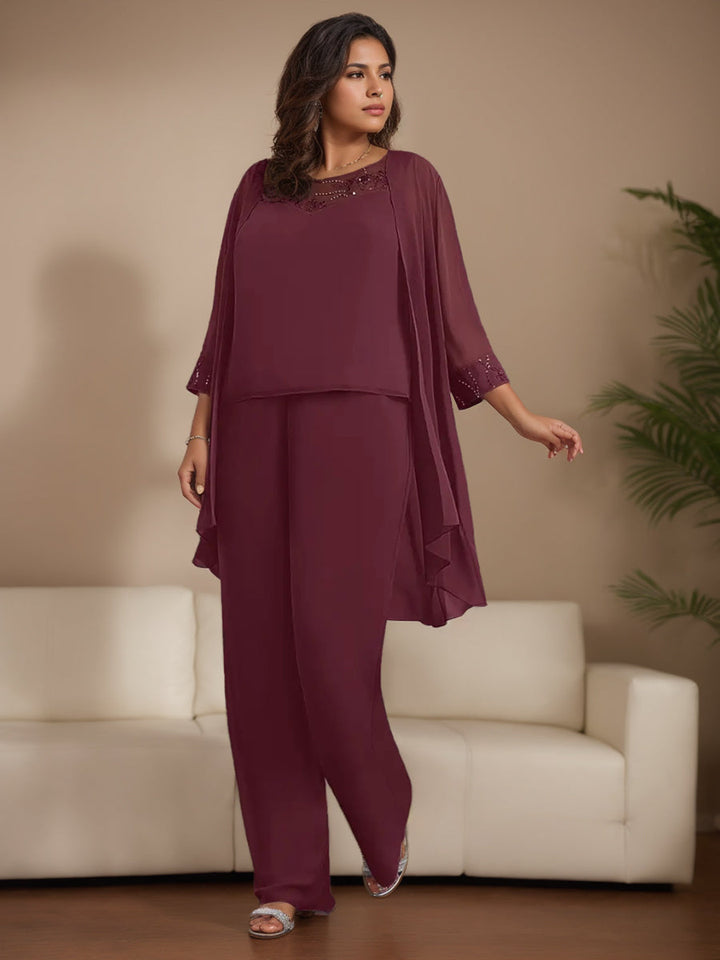Ensemble 3 Pièces en Mousseline de Soie, Col Rond, Manches 3/4, Longueur Au Sol, Pantalon pour Mère de la Mariée, Grande Taille, avec Veste, Dentelle, Perles et Paillettes