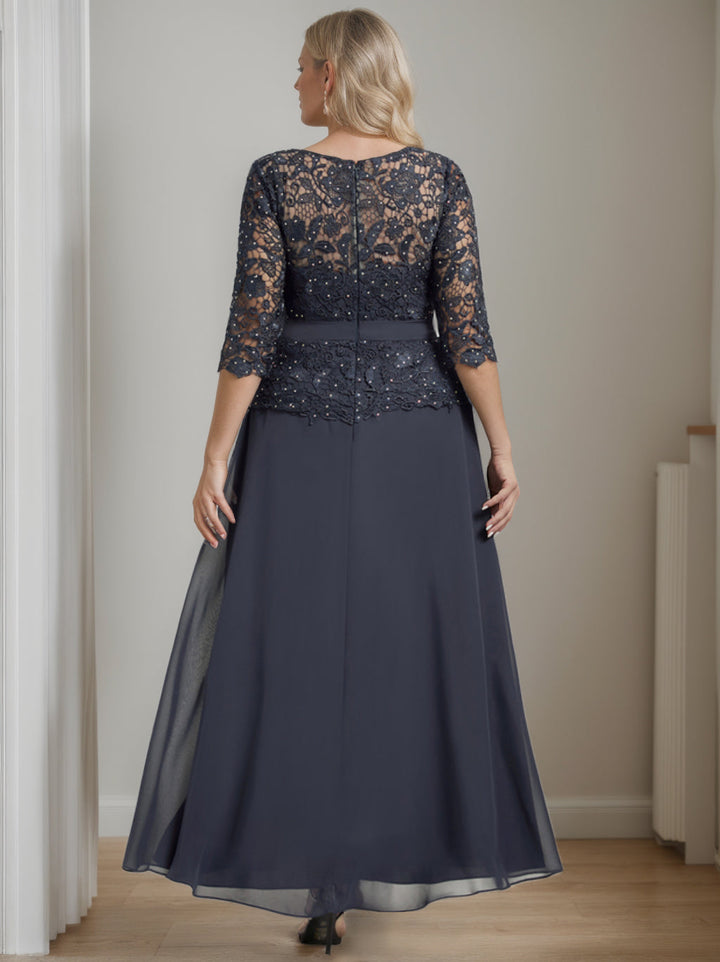 Robe de Mère de la Mariée Grande Taille, Coupe A-Line/Princess, Manches Mi-Longues, Longueur Cheville, avec Perles et Strass