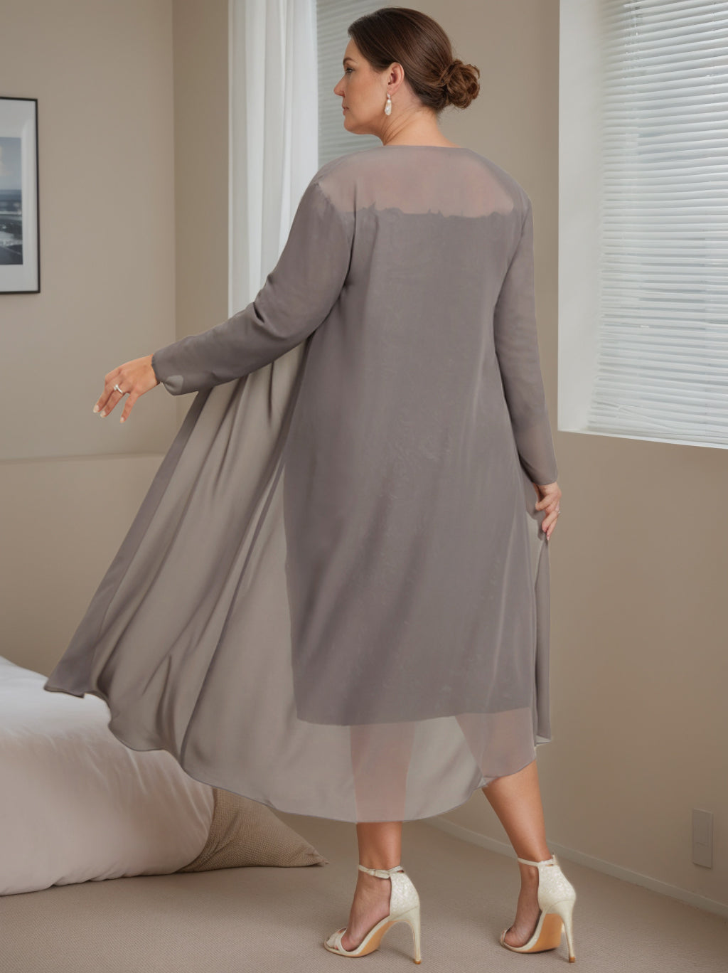 Robe de Mère de la Mariée Grande Taille à Manches 3/4 et Épaules Dénudées, Longueur Genou, avec Veste