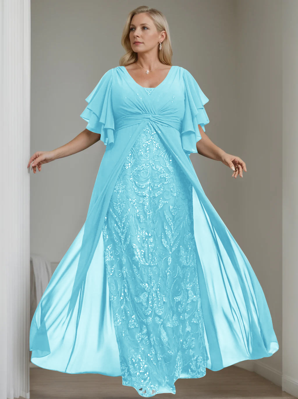 Ligne A/Princesse Col en V Demi-manches La Longueur du Sol Plus Taille Robes Mère de La Mariée avec Pleated