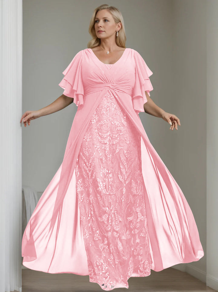 Ligne A/Princesse Col en V Demi-manches La Longueur du Sol Plus Taille Robes Mère de La Mariée avec Pleated