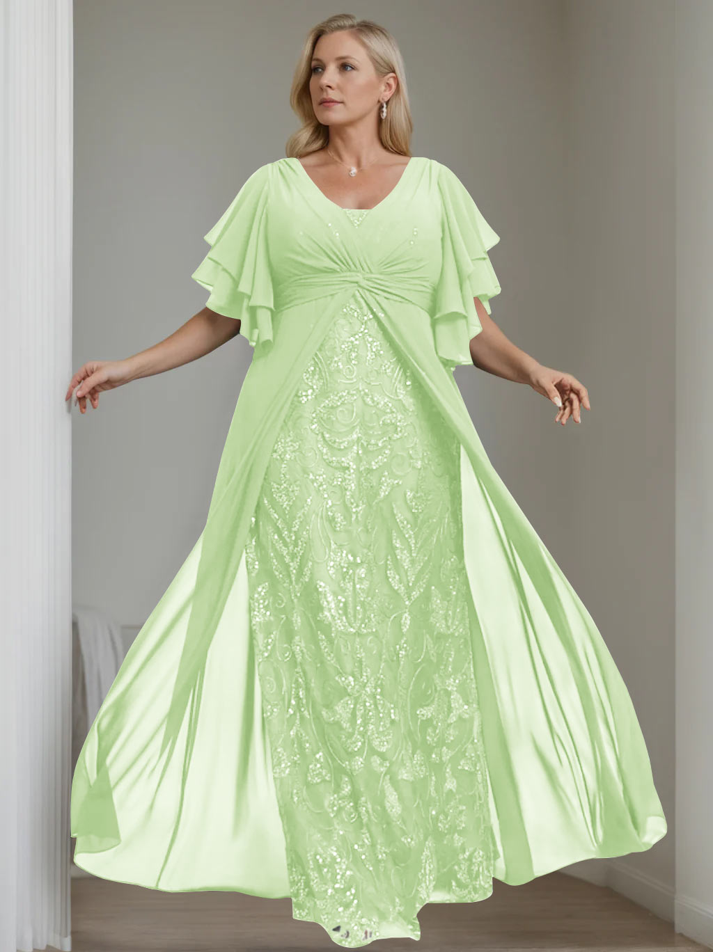 Ligne A/Princesse Col en V Demi-manches La Longueur du Sol Plus Taille Robes Mère de La Mariée avec Pleated