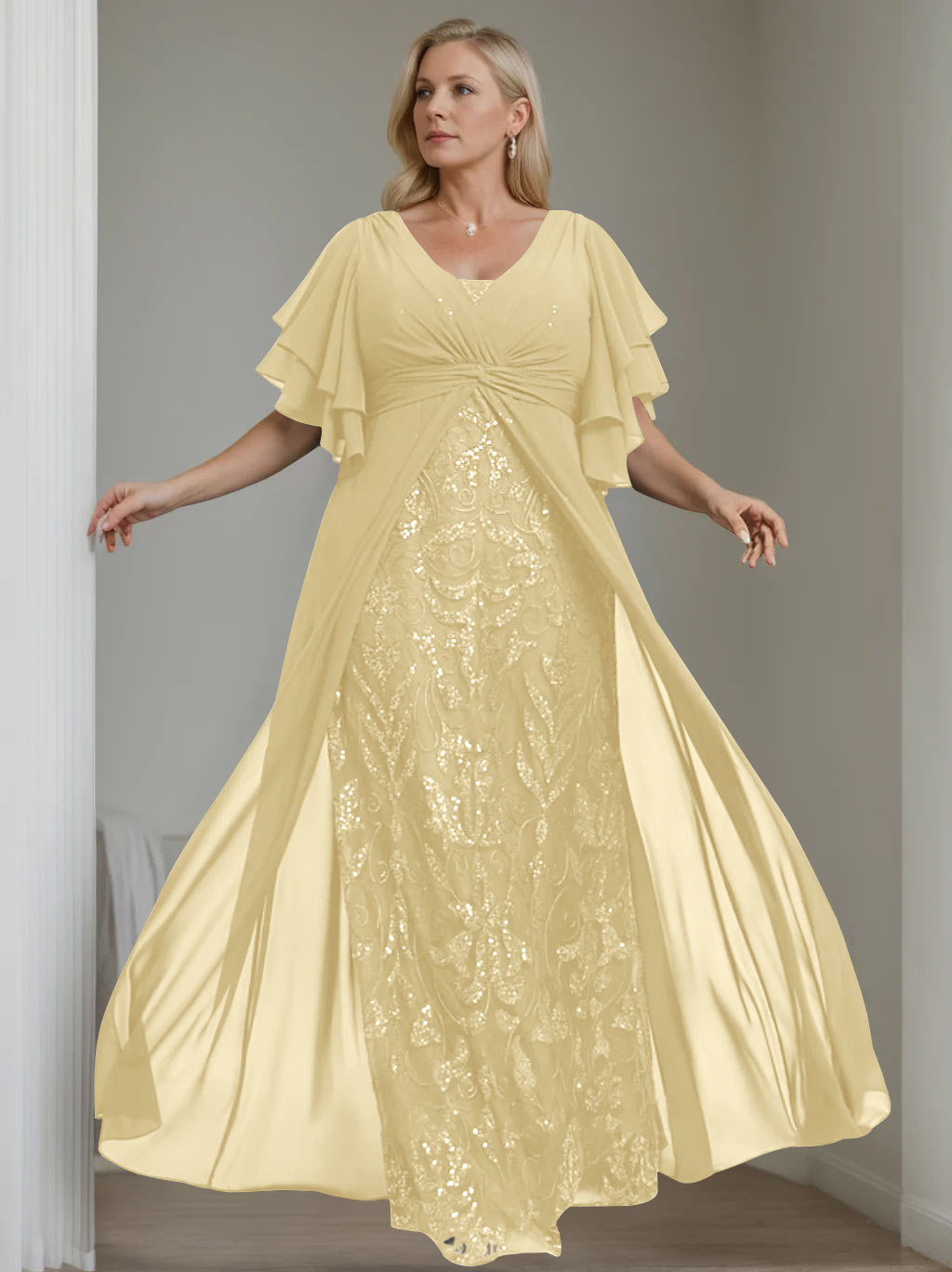 Ligne A/Princesse Col en V Demi-manches La Longueur du Sol Plus Taille Robes Mère de La Mariée avec Pleated