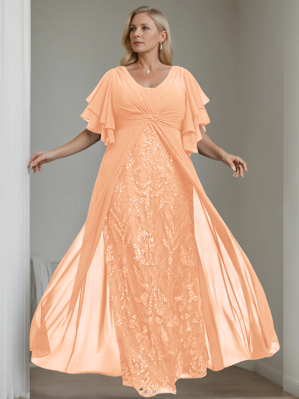 Ligne A/Princesse Col en V Demi-manches La Longueur du Sol Plus Taille Robes Mère de La Mariée avec Pleated