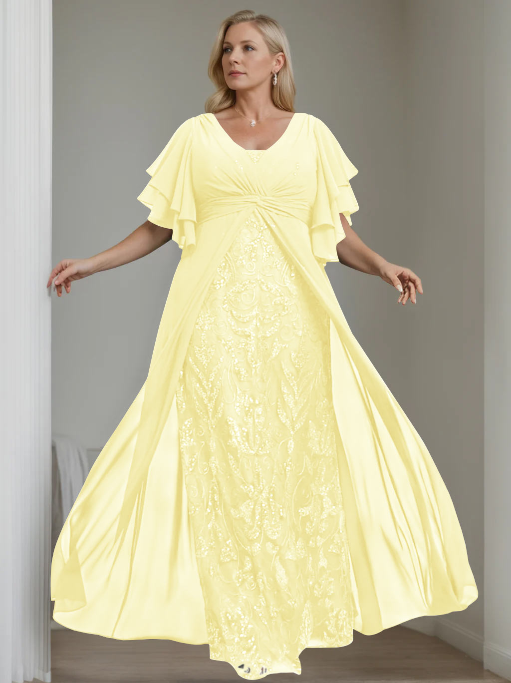 Ligne A/Princesse Col en V Demi-manches La Longueur du Sol Plus Taille Robes Mère de La Mariée avec Pleated
