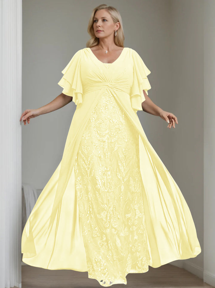 Ligne A/Princesse Col en V Demi-manches La Longueur du Sol Plus Taille Robes Mère de La Mariée avec Pleated