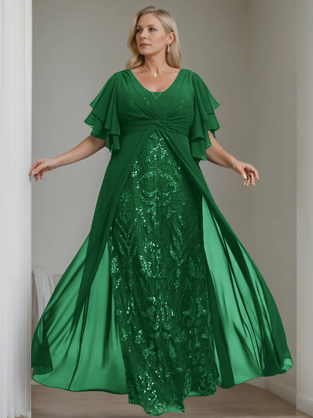 Ligne A/Princesse Col en V Demi-manches La Longueur du Sol Plus Taille Robes Mère de La Mariée avec Pleated