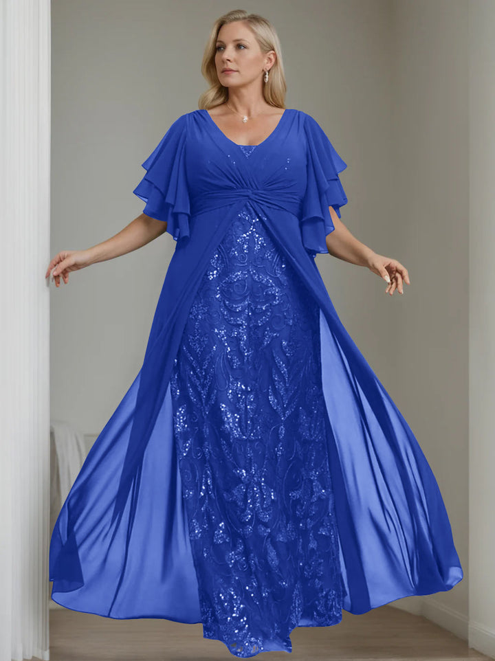 Ligne A/Princesse Col en V Demi-manches La Longueur du Sol Plus Taille Robes Mère de La Mariée avec Pleated