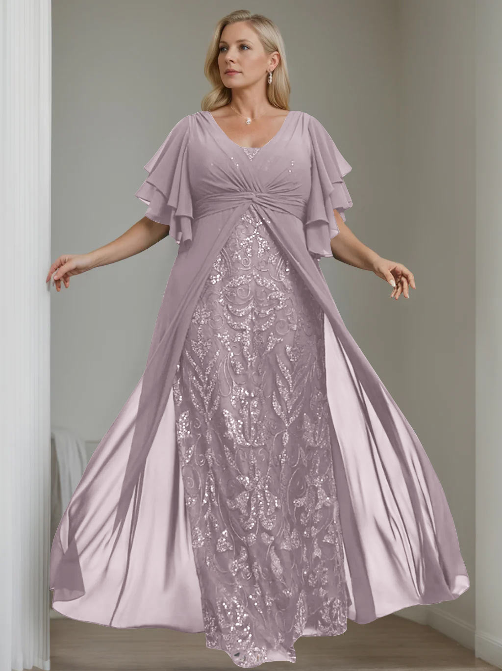 Ligne A/Princesse Col en V Demi-manches La Longueur du Sol Plus Taille Robes Mère de La Mariée avec Pleated