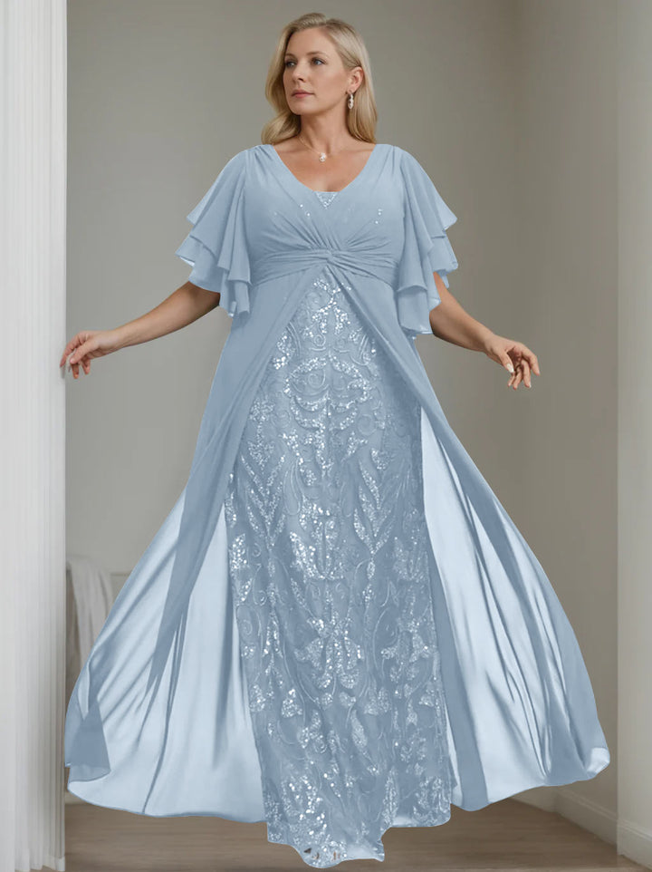Ligne A/Princesse Col en V Demi-manches La Longueur du Sol Plus Taille Robes Mère de La Mariée avec Pleated