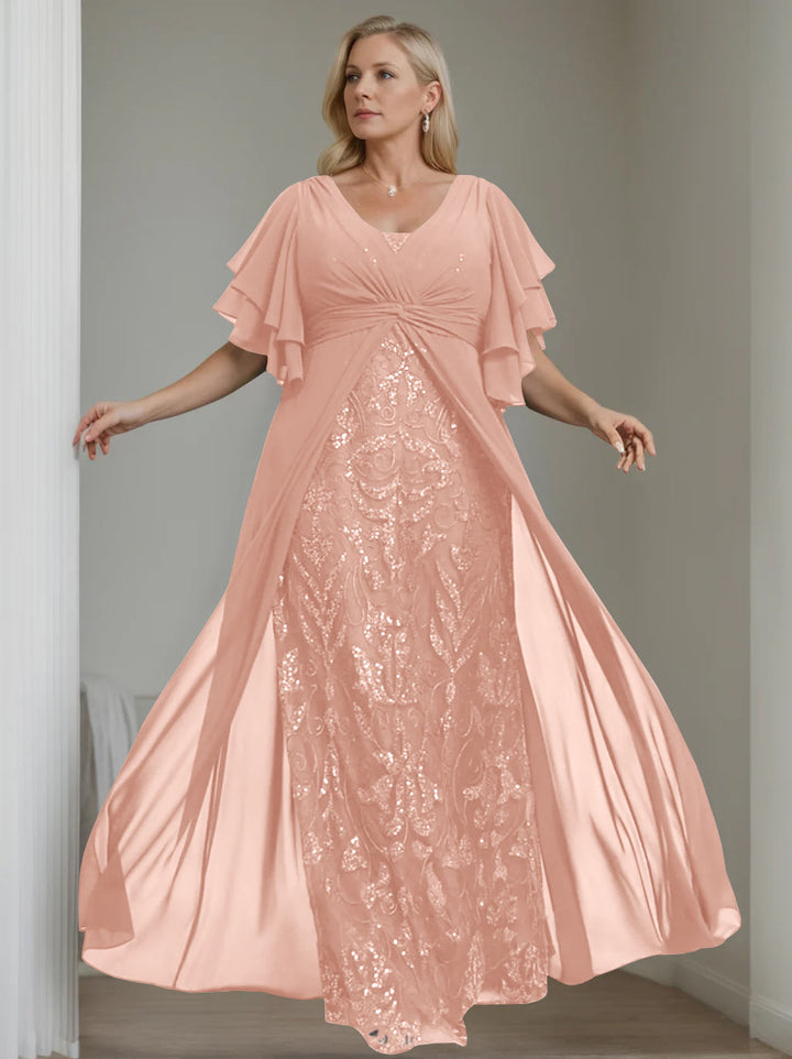Ligne A/Princesse Col en V Demi-manches La Longueur du Sol Plus Taille Robes Mère de La Mariée avec Pleated
