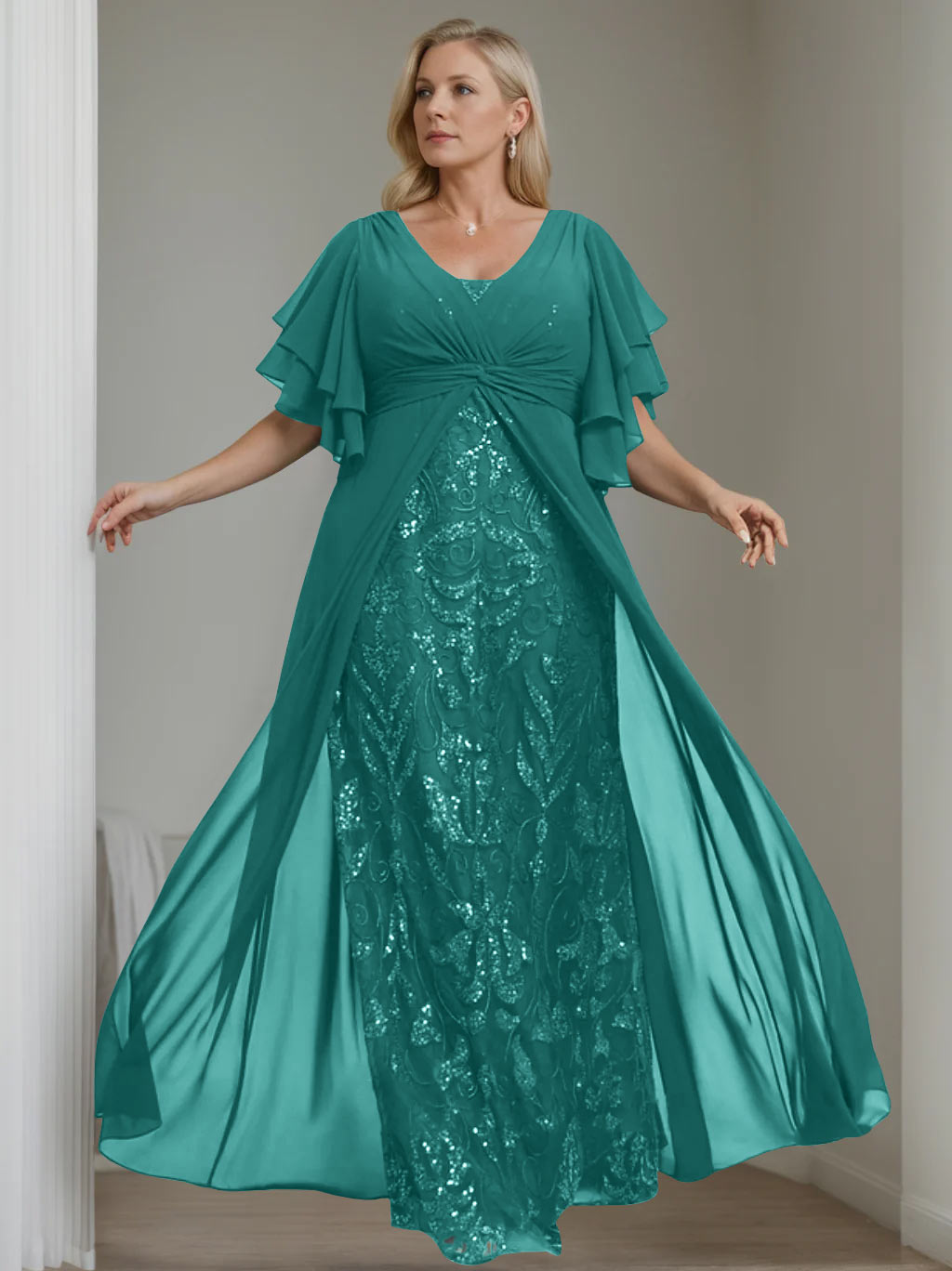 Ligne A/Princesse Col en V Demi-manches La Longueur du Sol Plus Taille Robes Mère de La Mariée avec Pleated