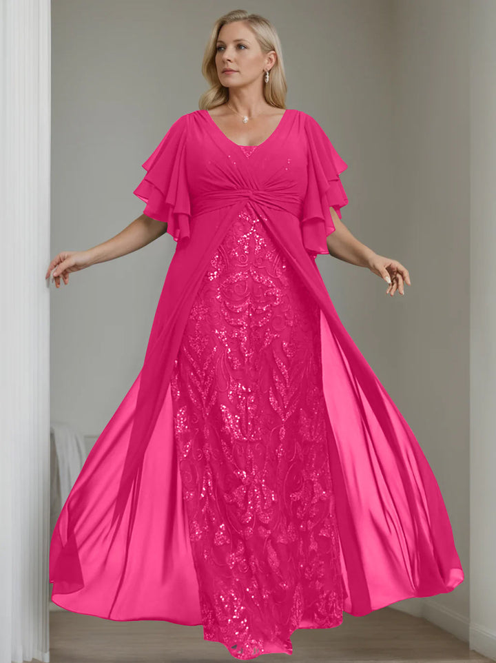 Ligne A/Princesse Col en V Demi-manches La Longueur du Sol Plus Taille Robes Mère de La Mariée avec Pleated