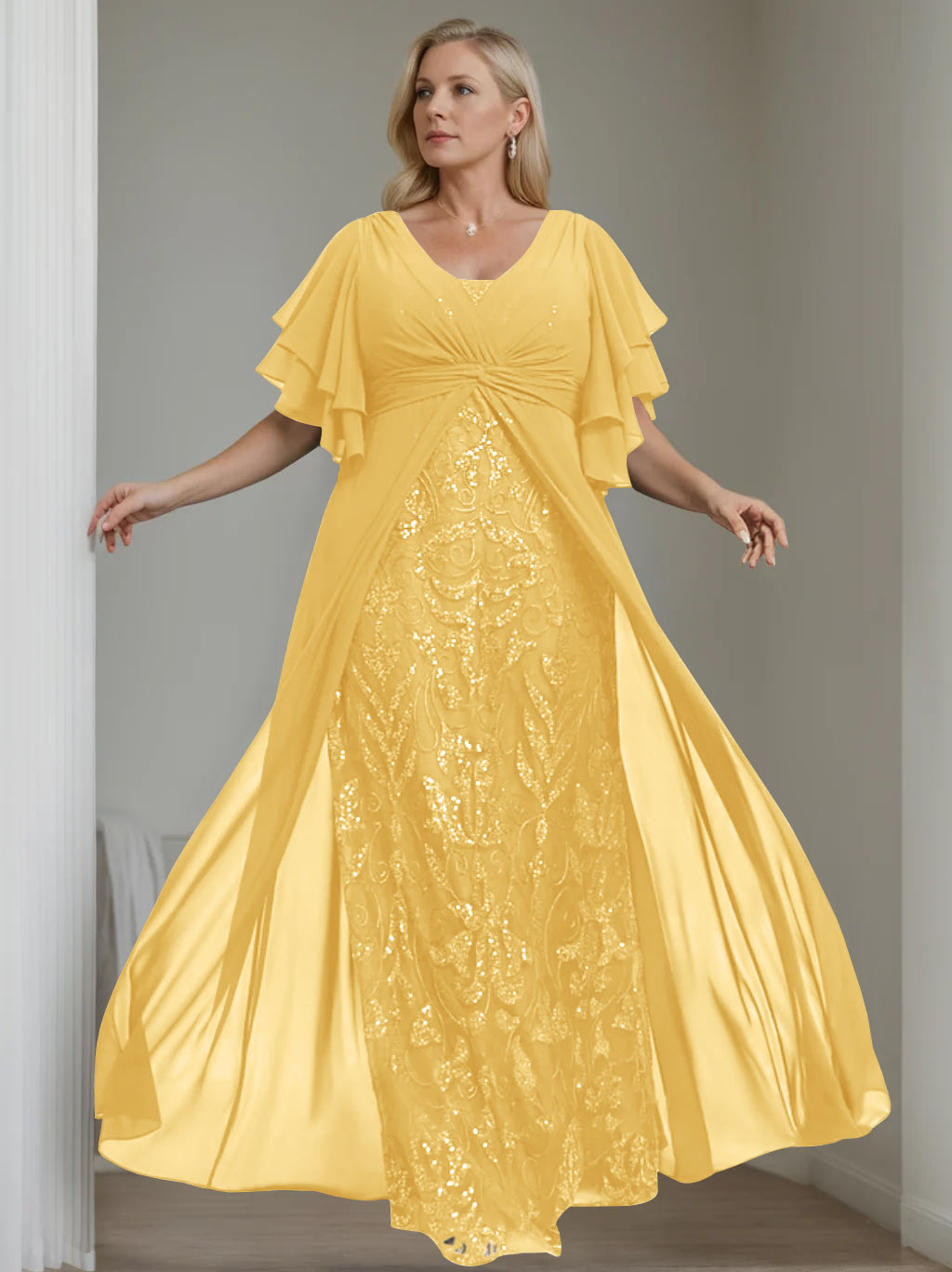 Ligne A/Princesse Col en V Demi-manches La Longueur du Sol Plus Taille Robes Mère de La Mariée avec Pleated