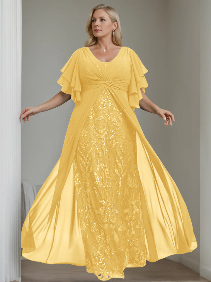 Ligne A/Princesse Col en V Demi-manches La Longueur du Sol Plus Taille Robes Mère de La Mariée avec Pleated