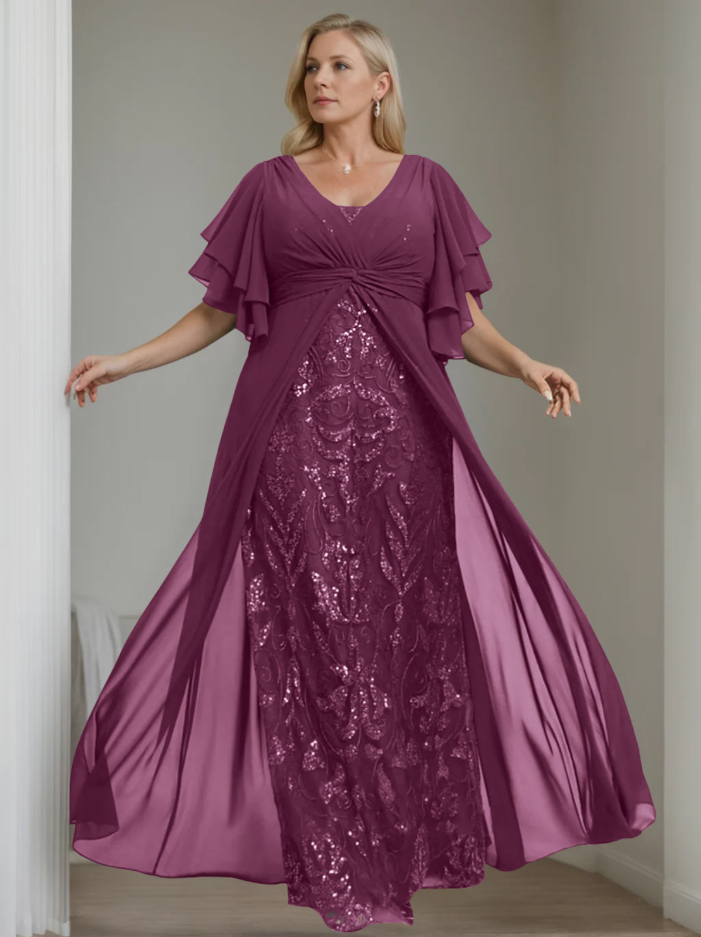 Ligne A/Princesse Col en V Demi-manches La Longueur du Sol Plus Taille Robes Mère de La Mariée avec Pleated
