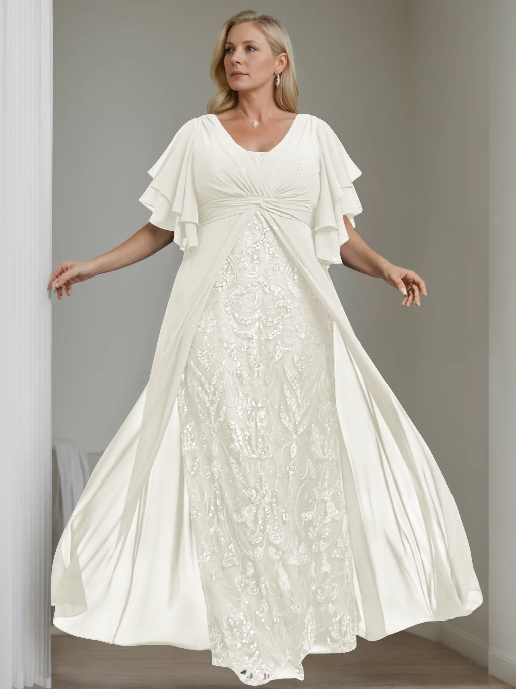 Ligne A/Princesse Col en V Demi-manches La Longueur du Sol Plus Taille Robes Mère de La Mariée avec Pleated