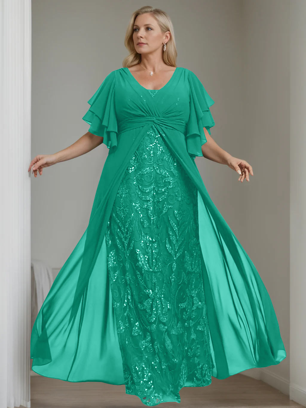 Ligne A/Princesse Col en V Demi-manches La Longueur du Sol Plus Taille Robes Mère de La Mariée avec Pleated