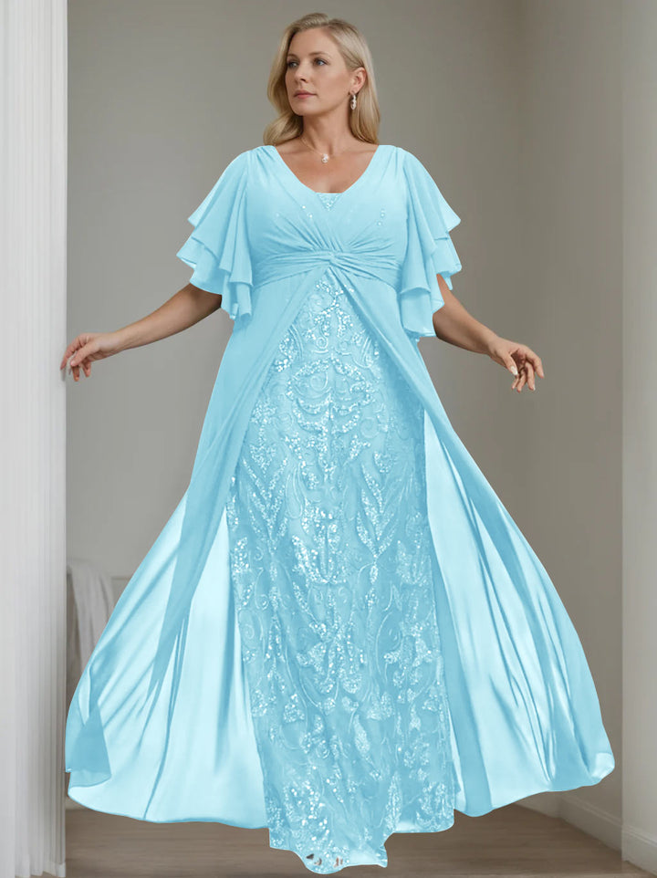 Ligne A/Princesse Col en V Demi-manches La Longueur du Sol Plus Taille Robes Mère de La Mariée avec Pleated