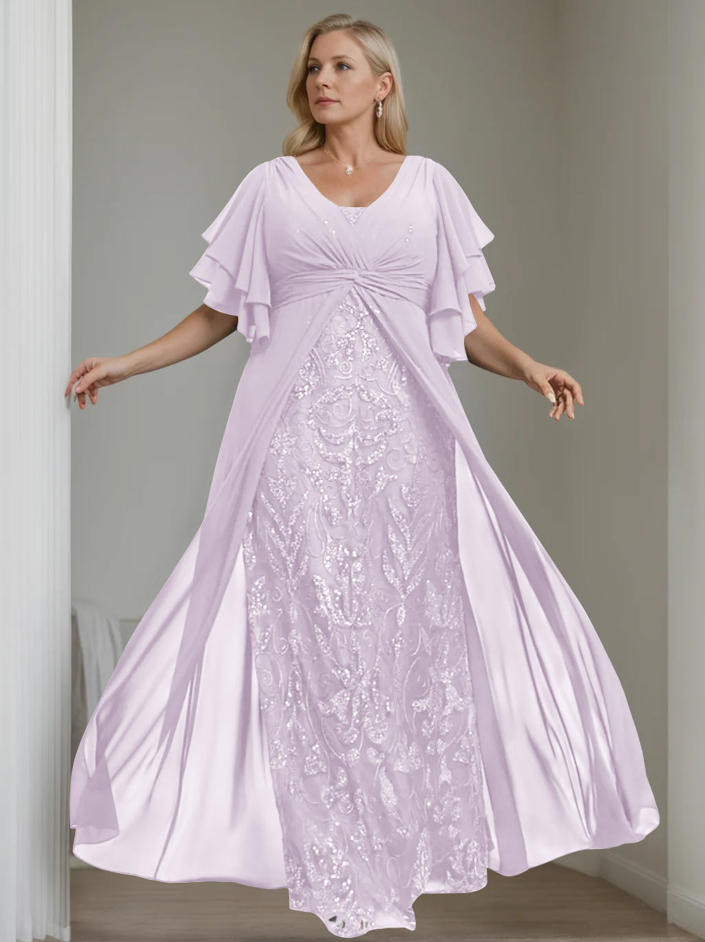 Ligne A/Princesse Col en V Demi-manches La Longueur du Sol Plus Taille Robes Mère de La Mariée avec Pleated