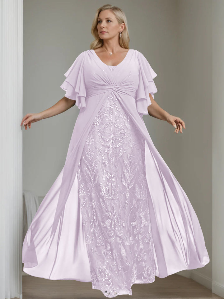 Ligne A/Princesse Col en V Demi-manches La Longueur du Sol Plus Taille Robes Mère de La Mariée avec Pleated